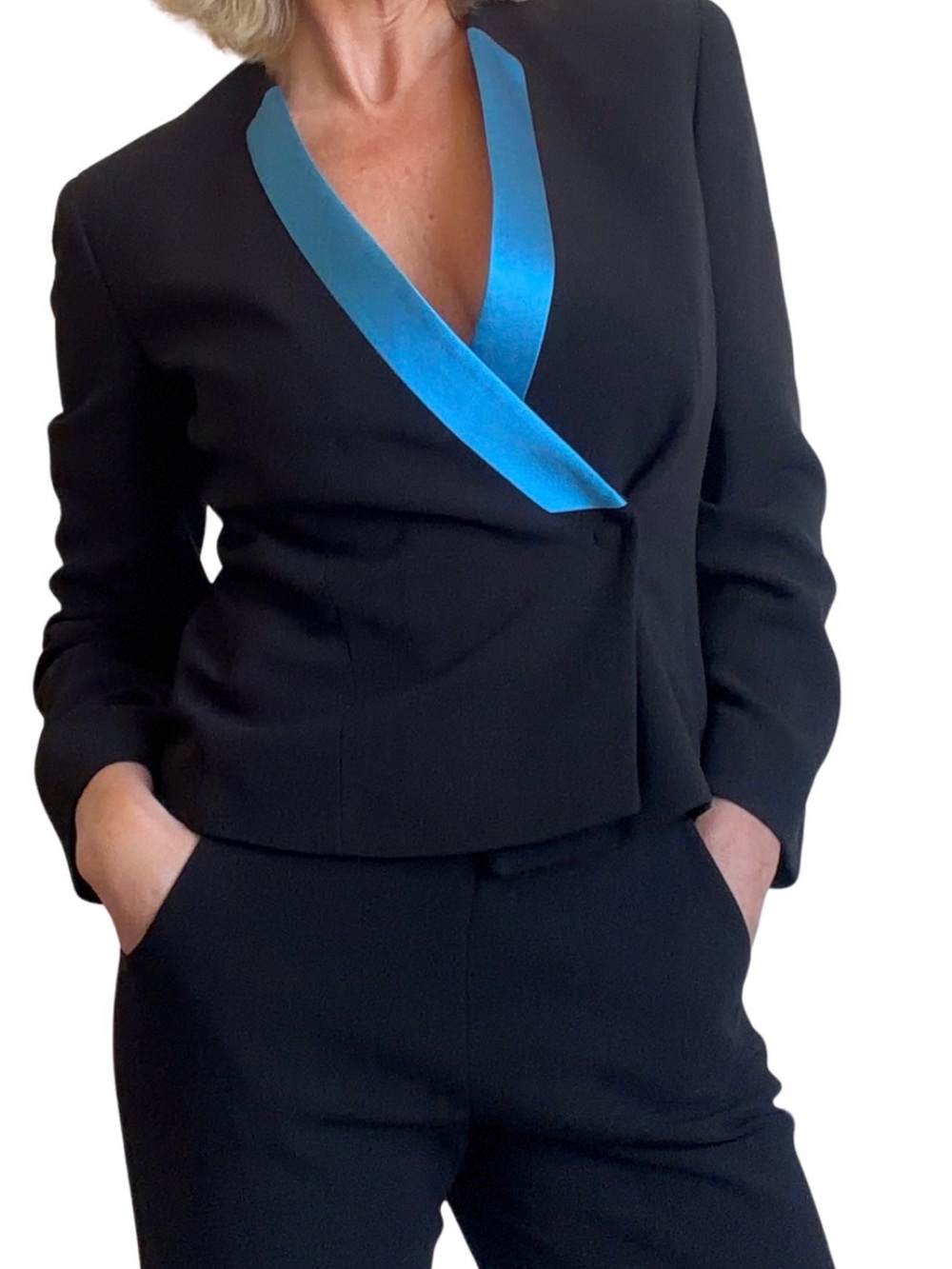 Vintage Giorgio Armani Black Crepe Silk Blazer with Blue Trim